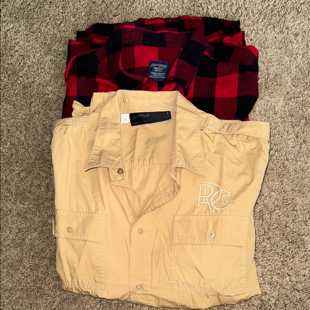 Red and Black Plaid Shirt and Beige Button-Up Shirt Bundle